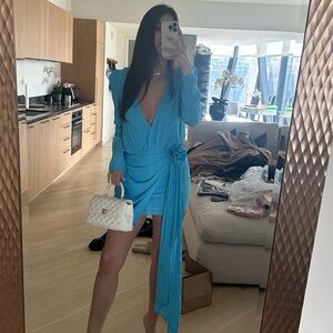 NBD Sky Blue Draped V-Neck Long-Sleeve Bodysuit and Skirt Size Small